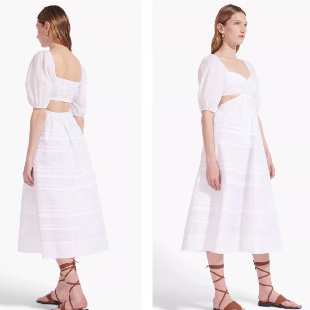 New Staud Carina White Poplin Cutout Puff sleeve Midi Dress Size M - Picture 6 of 9